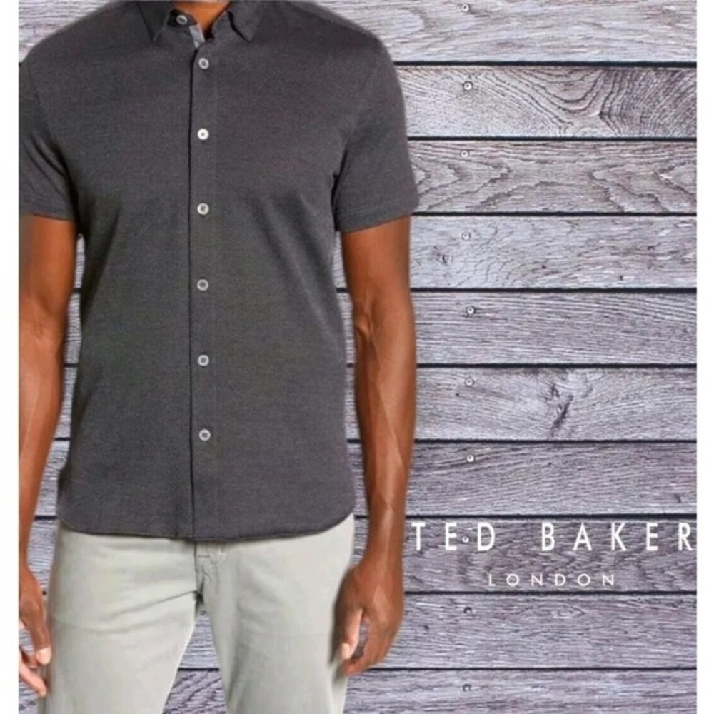 Ted Baker Men's Waterco Pique Slim Fit Short Sleeve Shirt Black 7 US 3XL *READ
